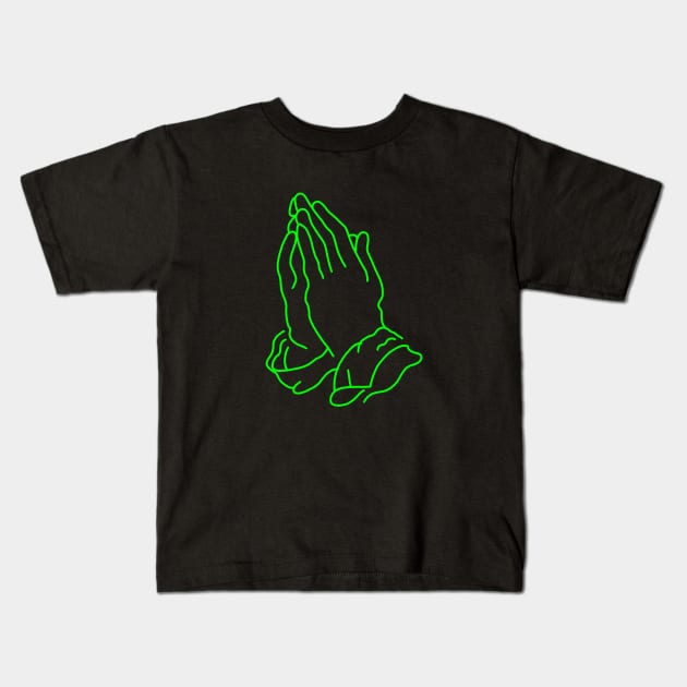 minimalistic line art praying hands in neon green (tattoo) Kids T-Shirt by acatalepsys 